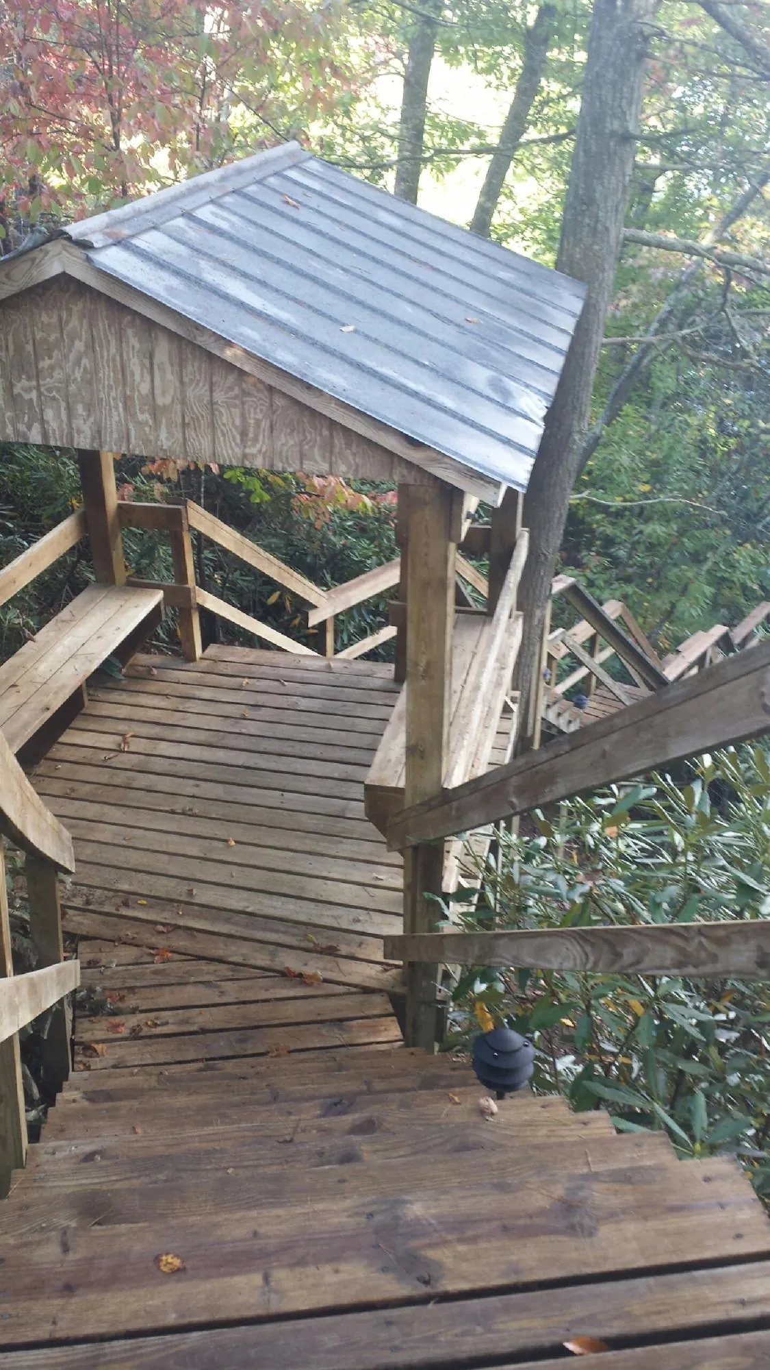 Metal roofed shelter over wooden steps on a wooded walkway — Skylight Repair & Installation work by our crew in Nortonville